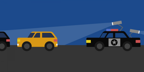 An illustration of a police car mounted with cameras scanning an SUV.